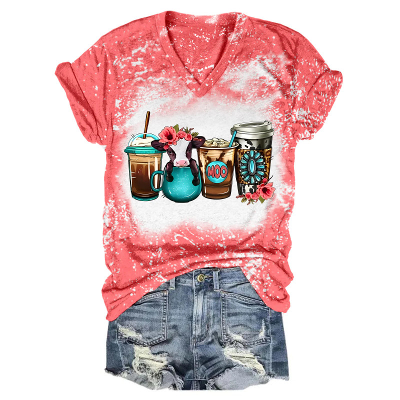 Blooms Brews Floral Babe Cow Coffee Drink Tie-Dye V-Neck T-Shirt